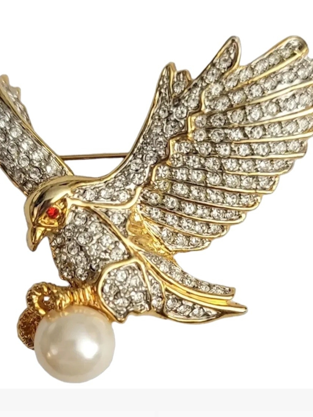 Vintage Gold Eagle Brooch with Clear Crystals and Pearl - Picture 4 of 6